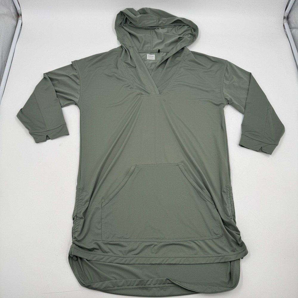 Prana Womens XS Hoodie Dress Cover Up Olive Green‎ V Neck Pouch Pocket